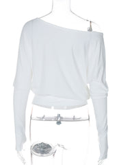 White cropped boat neck long-sleeve tee with a draped fit and off-the-shoulder detail.