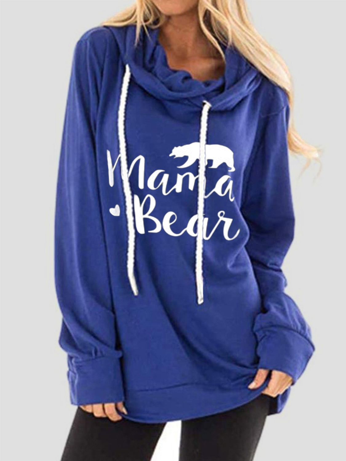 Royal blue graphic cowl neck hoodie with white Mama Bear text and bear graphic.