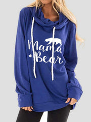 Royal blue graphic cowl neck hoodie with white Mama Bear text and bear graphic.
