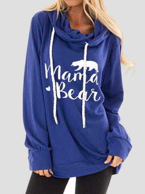 Royal blue graphic cowl neck hoodie with white Mama Bear text and bear graphic.