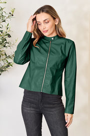 Green faux leather biker jacket with zip front and mock neck
