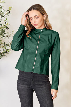 Green faux leather biker jacket with zip front and mock neck