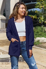 Plush hooded cardigan jacket in dark blue with pockets and ribbed cuffs.