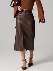 Dark brown faux leather midi skirt with cargo pockets and front slit