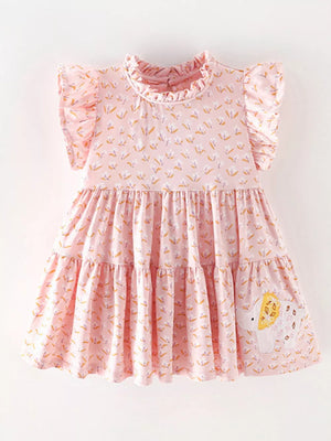 Baby dress with floral print, ruffle sleeves, tiered skirt and elephant applique.