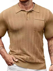 Caramel ribbed knit polo shirt with chest pocket and vertical stripe texture.
