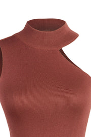 Brick red ribbed knit tank top with asymmetric cut-out detail and mock neck.