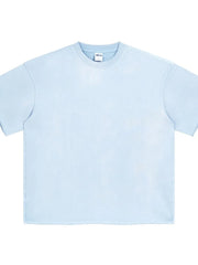Light blue boxy t-shirt with raw edge hem and crew neck.