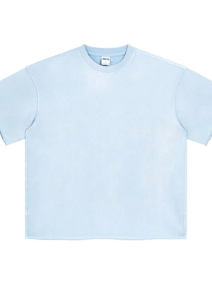 Light blue boxy t-shirt with raw edge hem and crew neck.