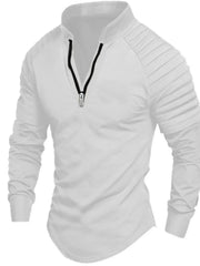 White long sleeve pullover shirt with zip neck and pleated sleeves