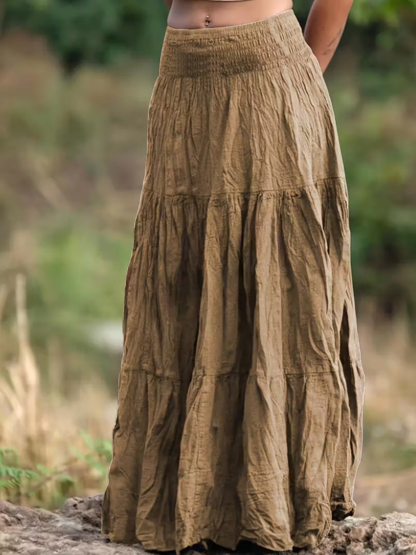Khaki tiered maxi skirt with smocked waist, bohemian casual style