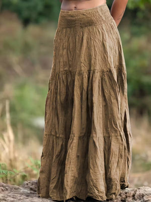 Khaki tiered maxi skirt with smocked waist, bohemian casual style