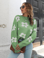 Floral knit crewneck sweater in green with white flowers, acrylic, long sleeves