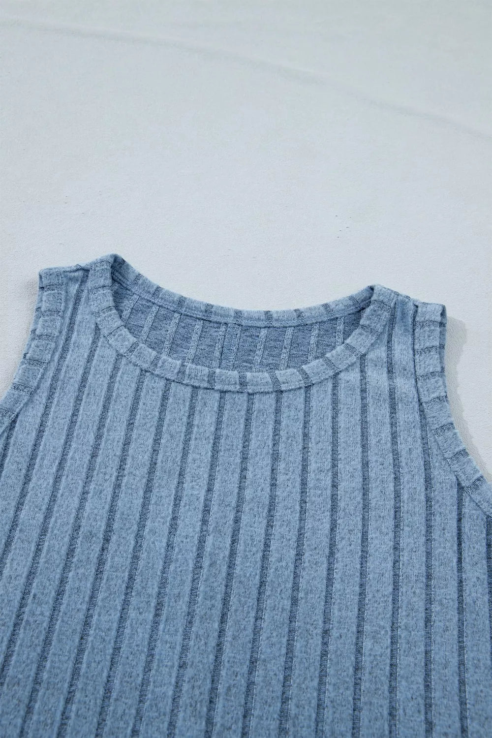 Textured blue mineral wash ribbed tank top with crew neck