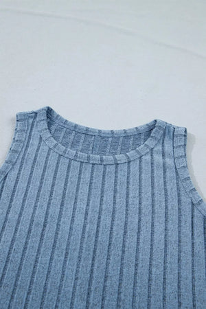Textured blue mineral wash ribbed tank top with crew neck