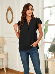 Black flutter sleeve Swiss dot blouse with V-neck