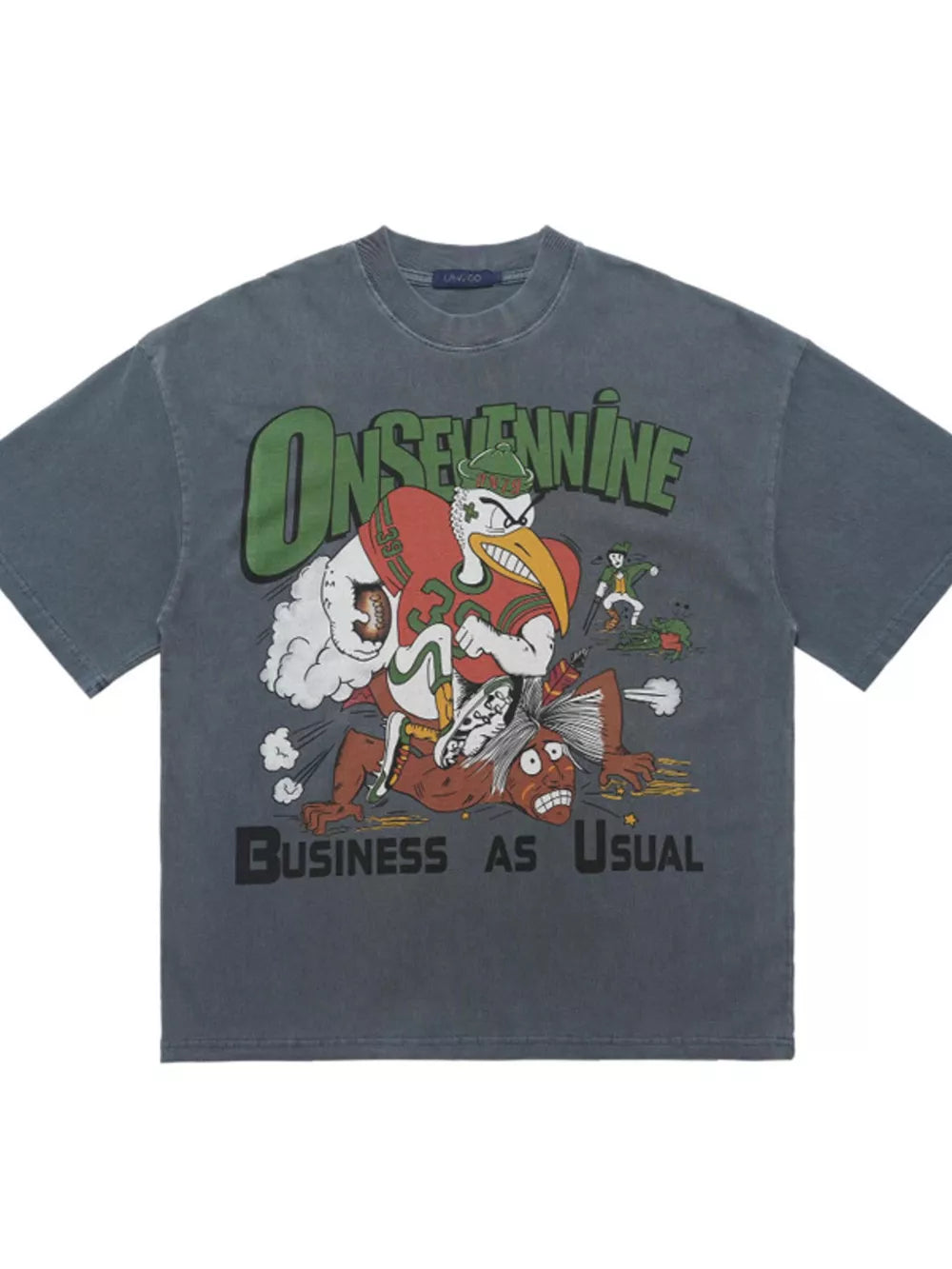 Gray cotton oversized tee with vintage eagle graphic and "Business As Usual" text.