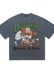 Gray cotton oversized tee with vintage eagle graphic and "Business As Usual" text.