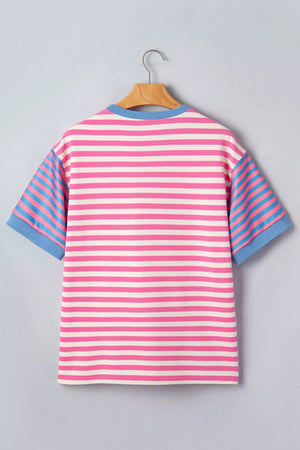 Polyester short sleeve tee with pink, white, and blue horizontal stripes and contrast blue sleeves.