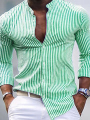 Men's green and white striped cotton button-up shirt with band collar