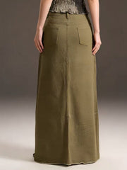 Army green cotton maxi denim skirt with raw hem and back pockets.