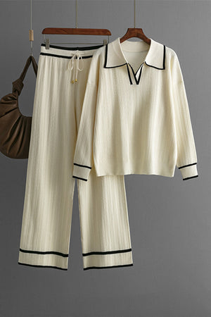 Cream ribbed knit loungewear set with contrast trim, collared top and wide leg pants