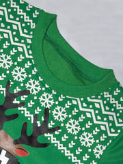 Festive green baby sweatshirt with reindeer and snowflake print.