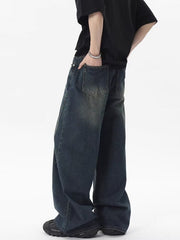 Men's vintage wash wide-leg jeans in blue, made of 100% cotton.