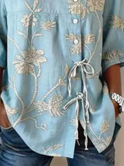 Embroidered Floral Tie Front Shirt Plus Size in Blue, fabric detail