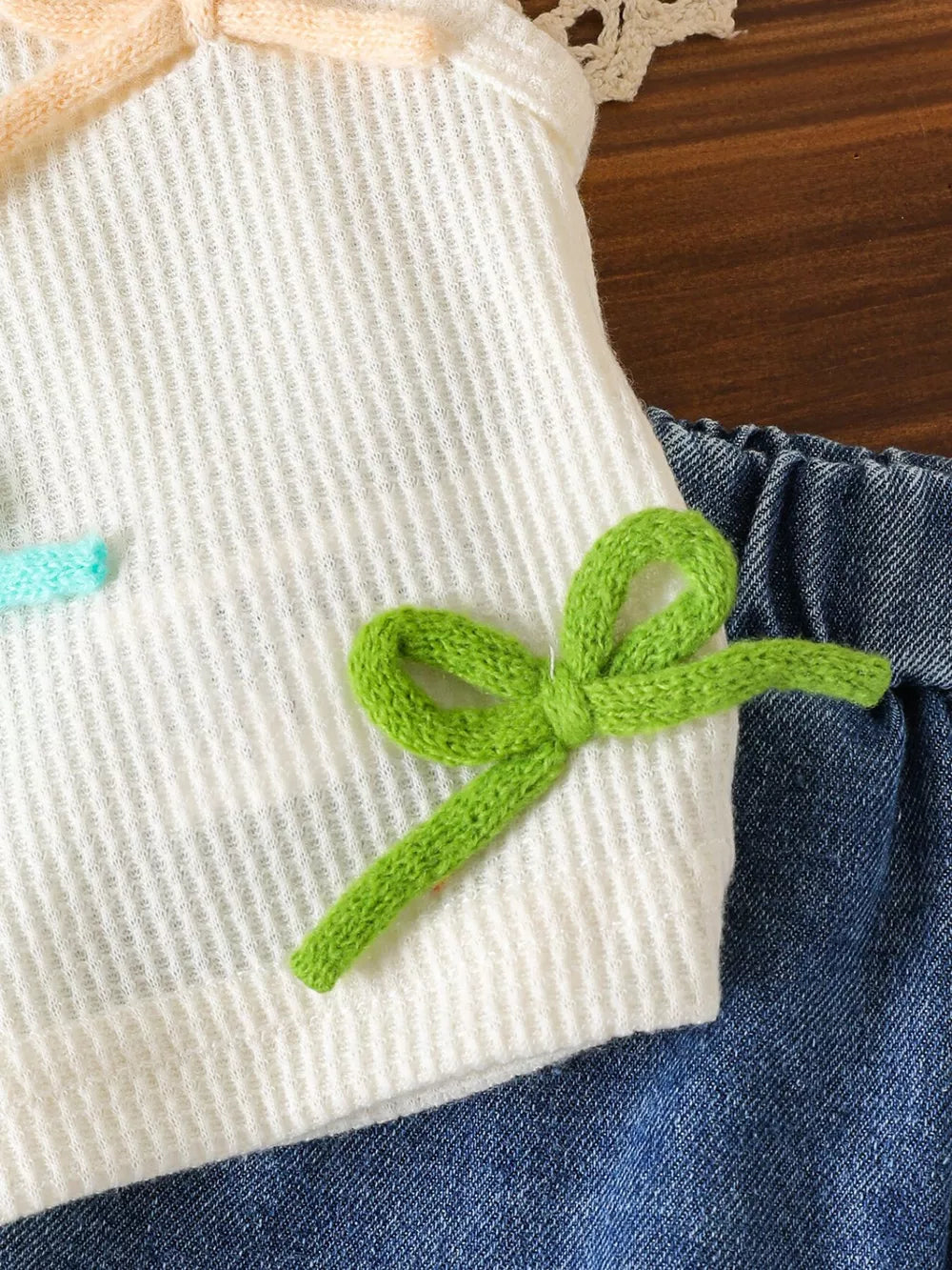 Children's Bow Tank And Denim Shorts Set in Blue, close-up detail