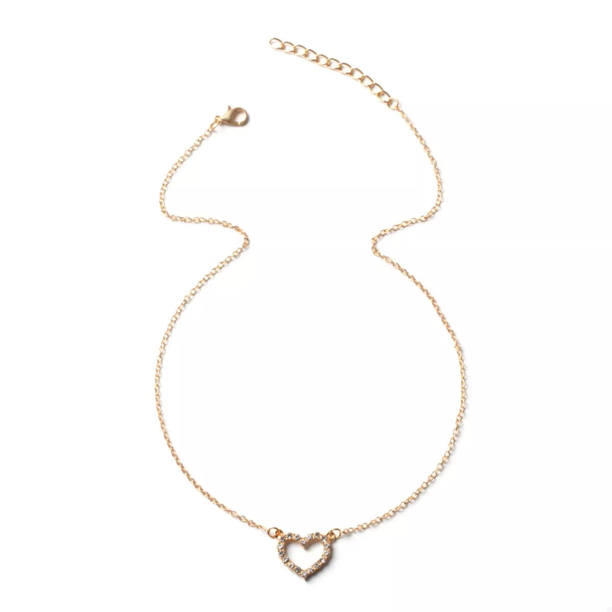 Gold heart pendant necklace with clear stones on a delicate chain