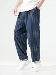 Navy striped relaxed fit sweatpants with drawstring and pockets.