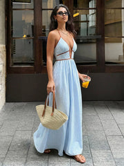 Light blue striped halter neck maxi dress with plunging neckline and brown trim.