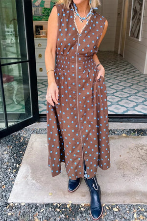 Brown polka dot midi dress with zipper and smocked waist
