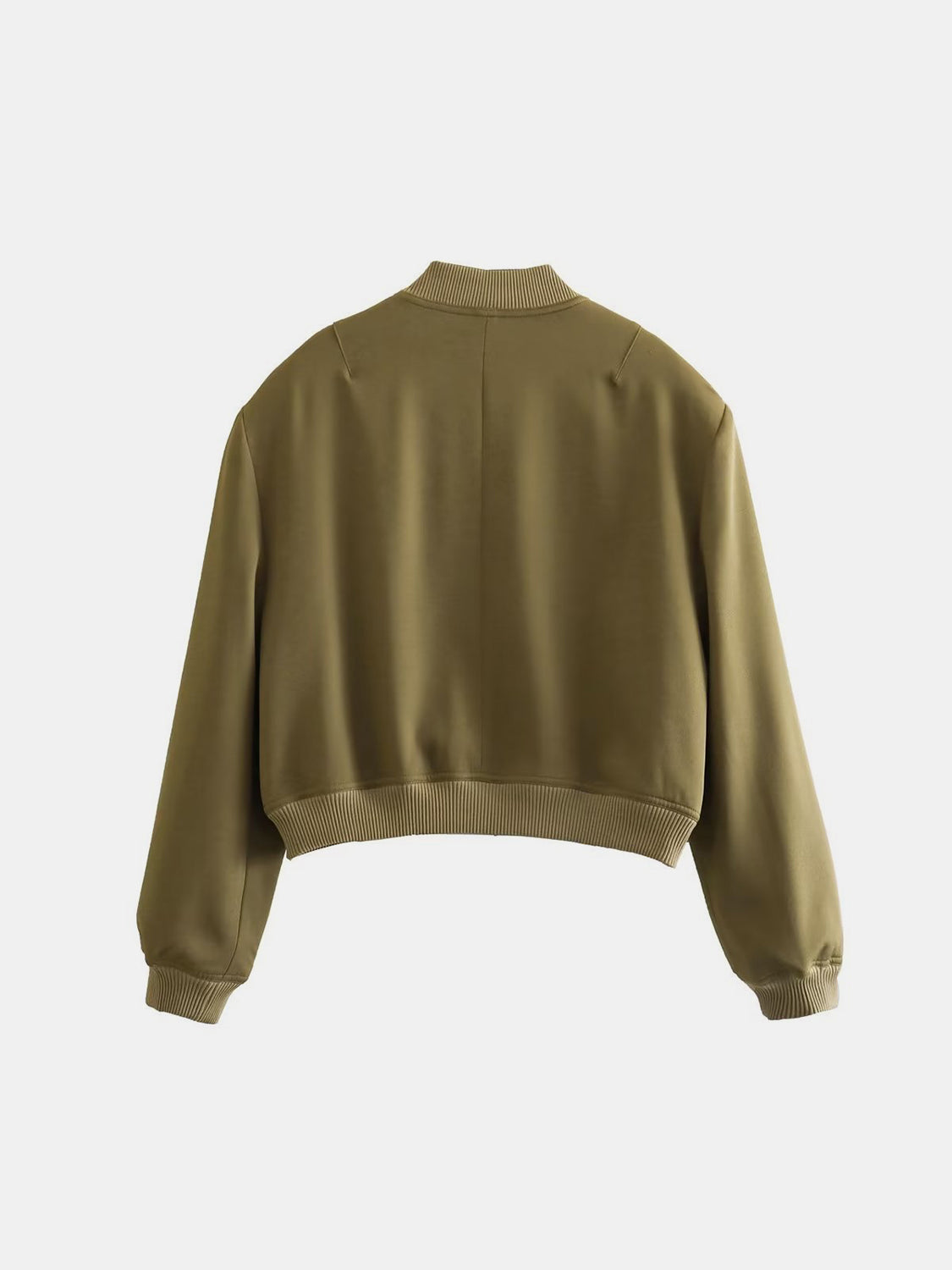 Moss green boxy bomber jacket with ribbed collar, cuffs, and hem.