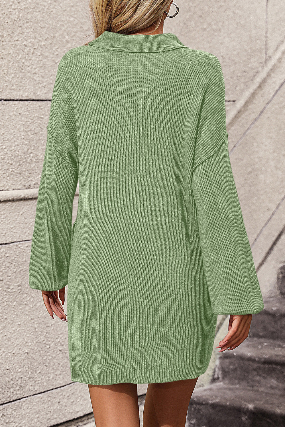 Lime ribbed knit polo dress with pockets and long sleeves.