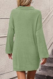 Lime ribbed knit polo dress with pockets and long sleeves.