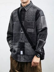 Men's Plus Size Plaid Patchwork Button Up Shacket in Blue, model styling view