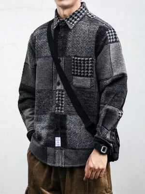 Men's Plus Size Plaid Patchwork Button Up Shacket in Blue, model styling view