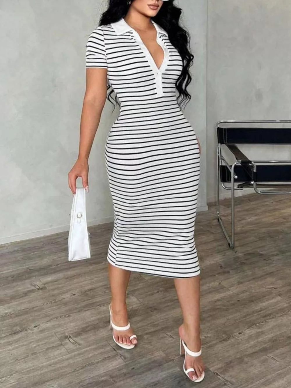Chic striped polo midi dress with button detail and short sleeves.