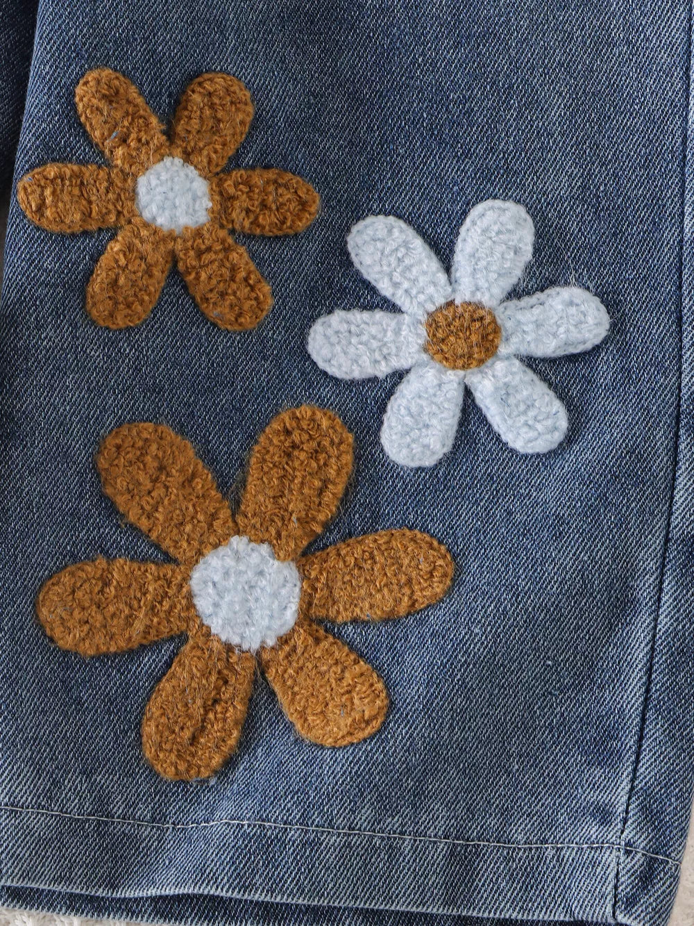 Children's Round Neck Top And Flower Jeans Set in Dark Brown, back view
