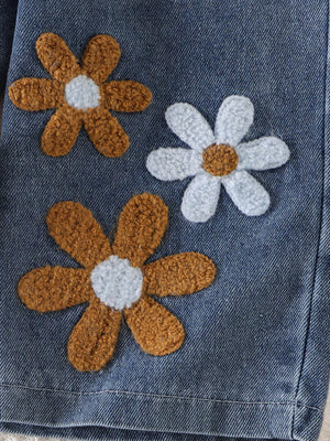 Children's Round Neck Top And Flower Jeans Set in Dark Brown, back view
