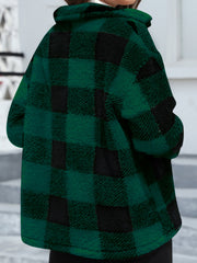 Plaid sherpa overshirt jacket in dark green with black buffalo check pattern.