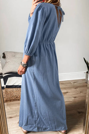 Light denim maxi dress with plunge back and tie detail, elastic waist, long sleeves