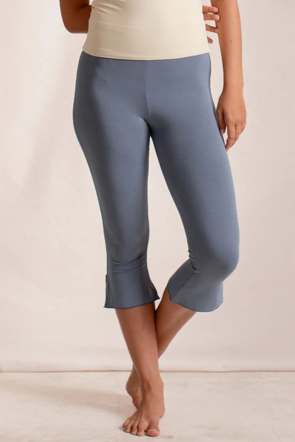 Dusty Blue flared hem crop leggings with a comfortable fit.