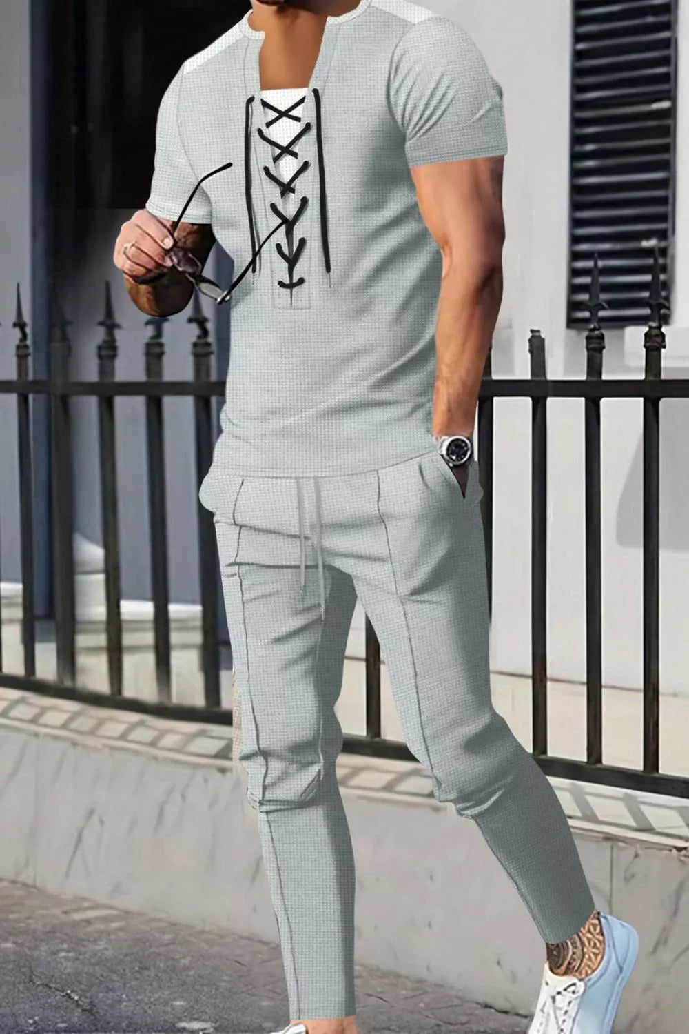 Men's Full Size Lace-up Front Top And Pants Set, front view