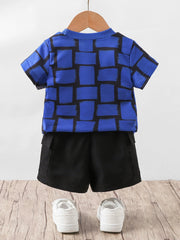 Childrens blue graphic tee with abstract block pattern and black cargo shorts set