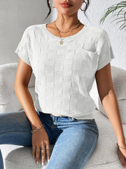 White textured check knit pocket tee with short sleeves and crew neck.