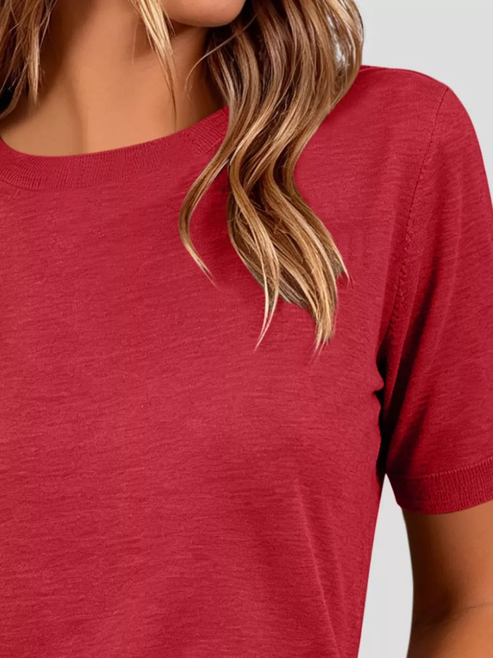 Classic Crew Neck Short Sleeve Knit Top in Dark Brown, fit detail