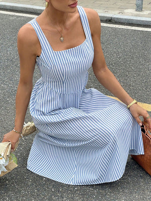 Blue and white striped cotton blend midi dress with square neck and a-line cut.